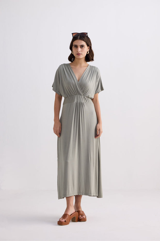 Reistor Flowy A-Line Maxi Dress with Side Slits in Light Olive