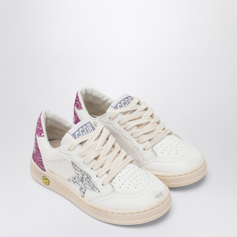 Golden Goose Kids' White Leather Ball Star Sneakers With Silver/pink Glitter