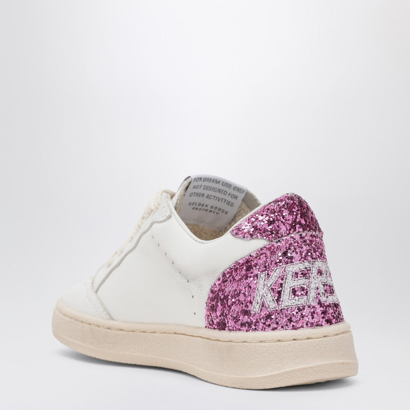 Golden Goose Kids' White Leather Ball Star Sneakers With Silver/pink Glitter