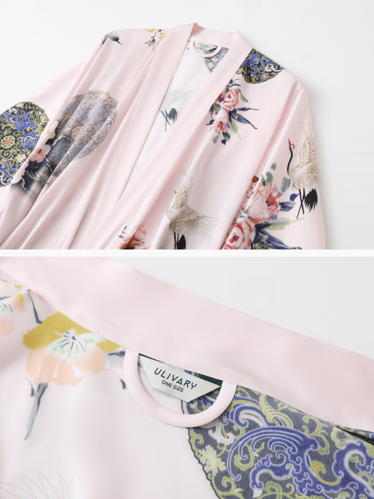 Ulivary Garden Crane Blush Kimono Robe