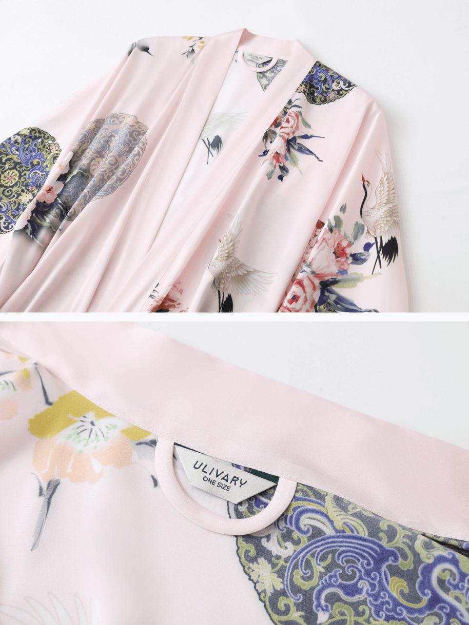 Ulivary Garden Crane Blush Kimono Robe