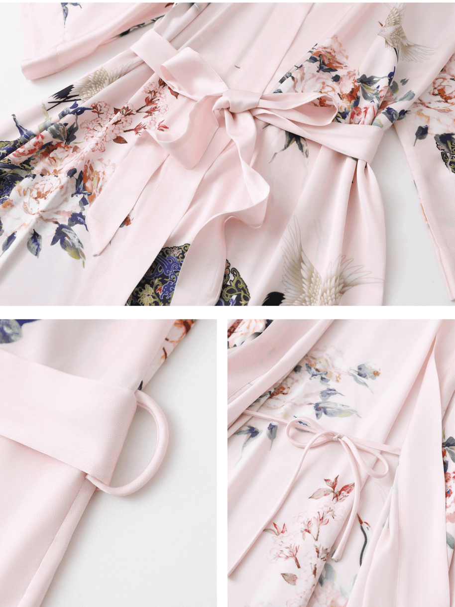 Ulivary Garden Crane Blush Kimono Robe
