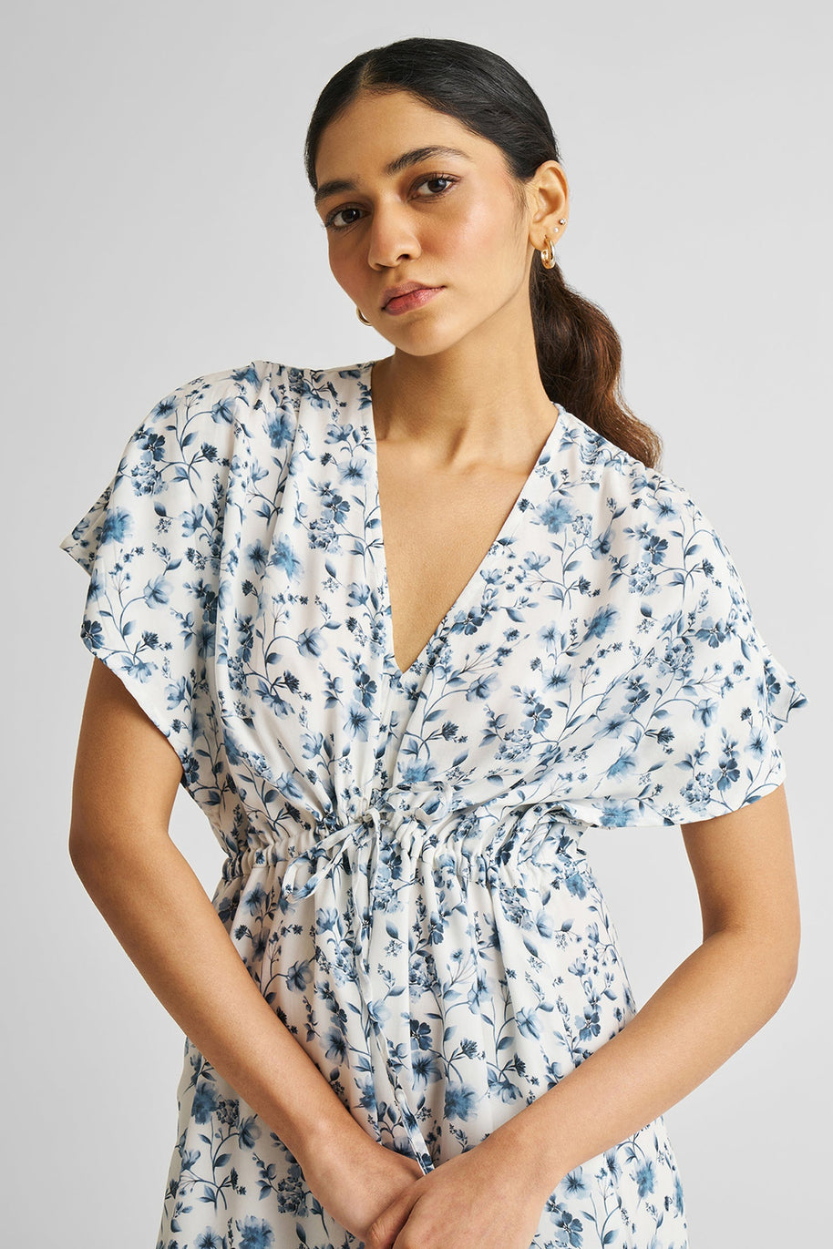 Reistor Gathered Maxi Dress in Blue Florals