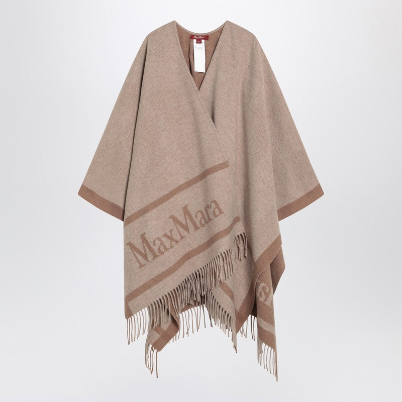 Max Mara Studio Sandy Color Jacquard Wool Poncho
