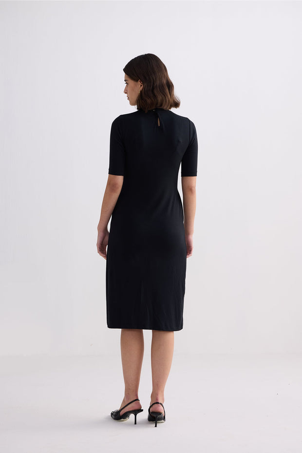 Reistor High Crew Neck Elbow Sleeves Fitted Dress in Black