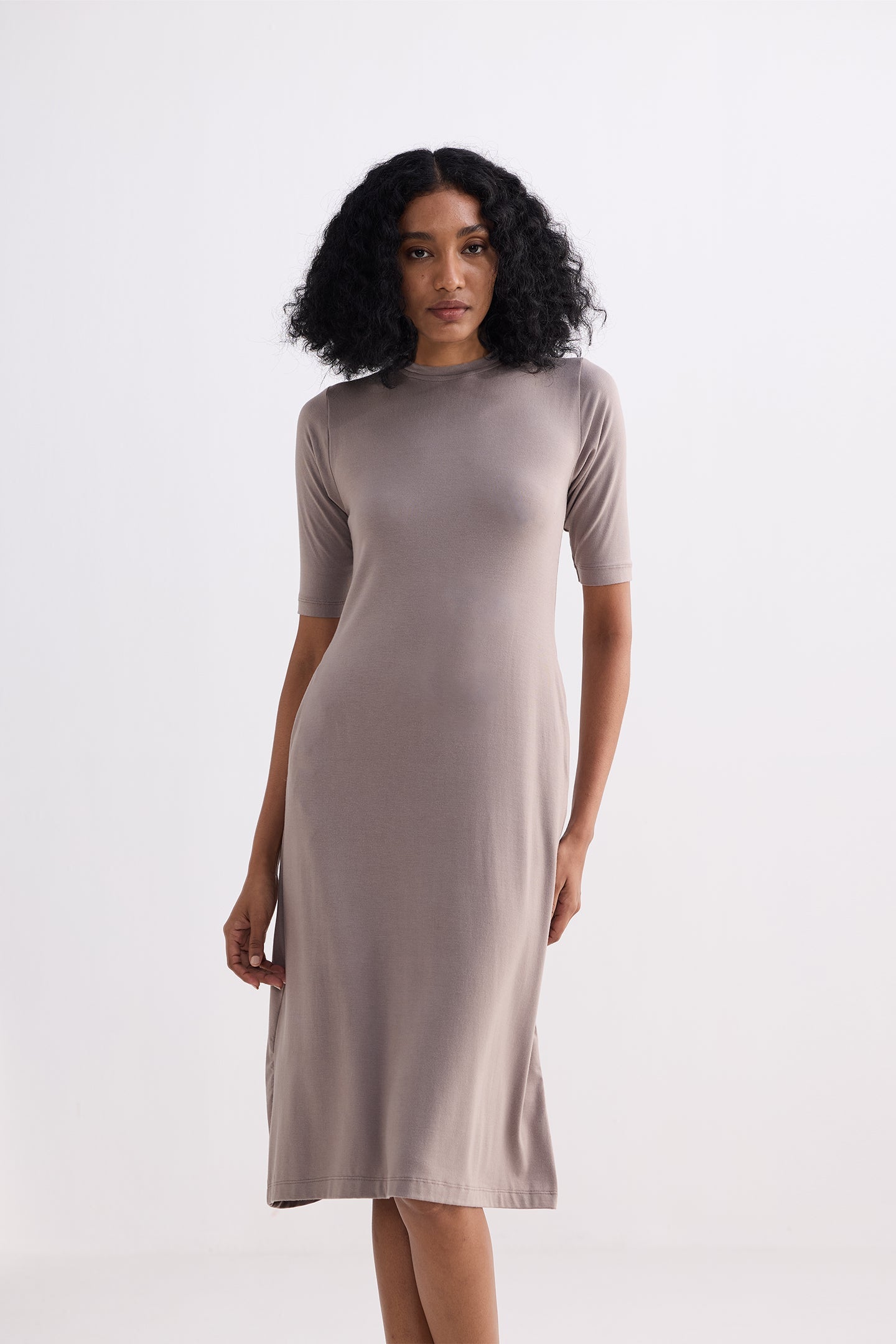 Reistor High Crew Neck Elbow Sleeves Fitted Dress in Dusty Brown