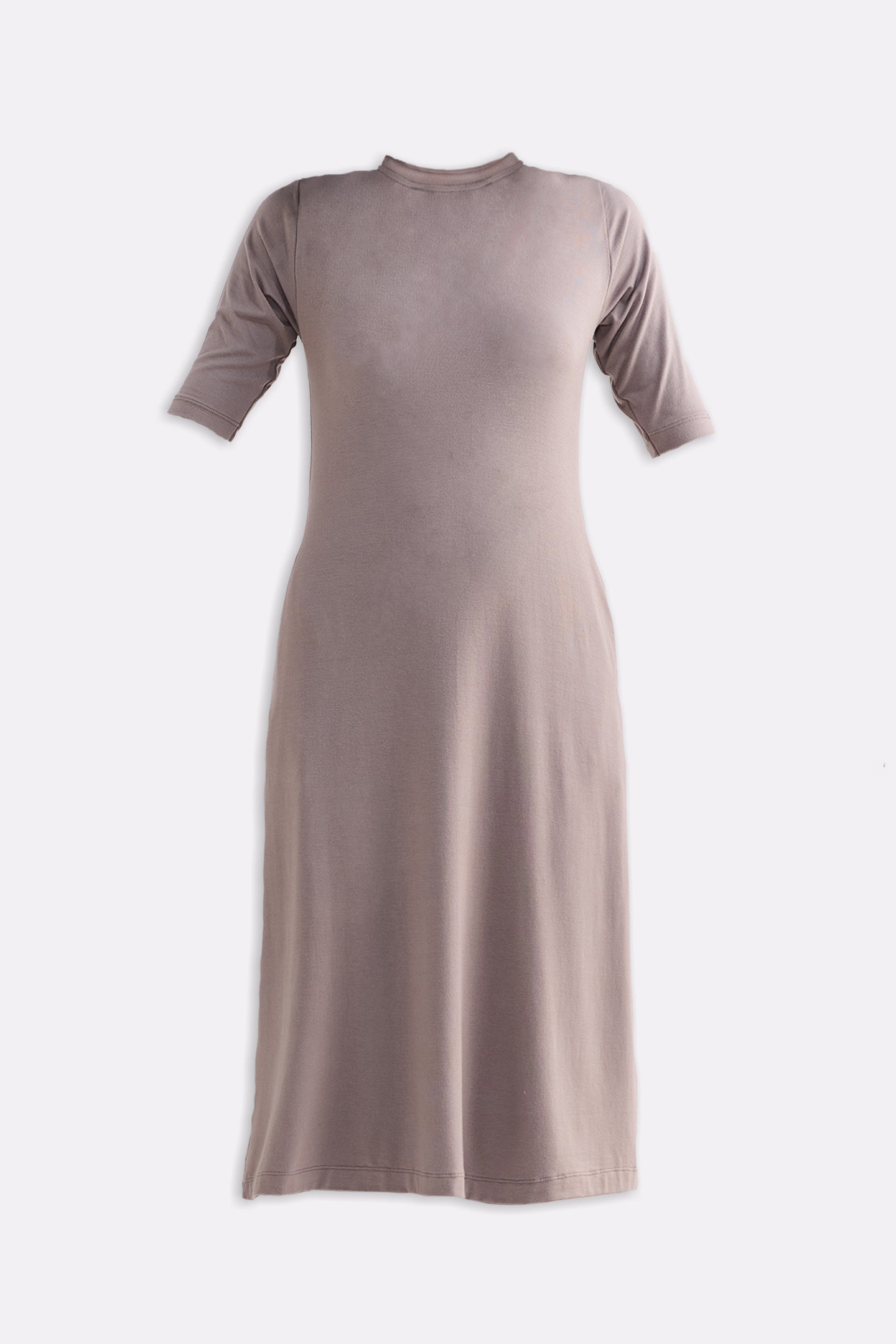 Reistor High Crew Neck Elbow Sleeves Fitted Dress in Dusty Brown