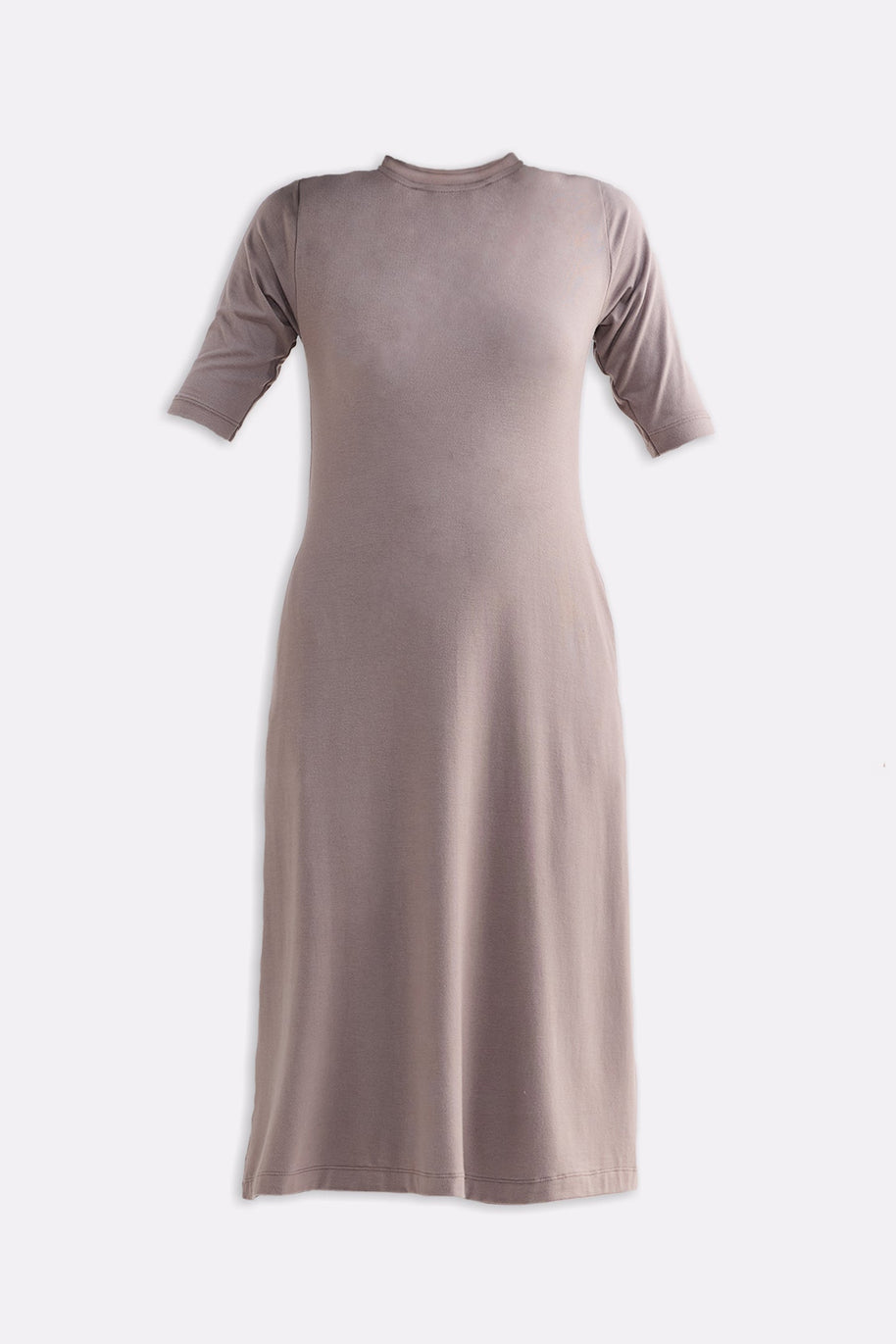 Reistor High Crew Neck Elbow Sleeves Fitted Dress in Dusty Brown