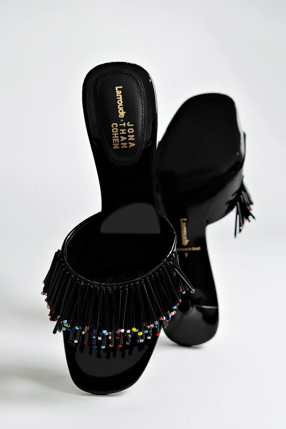 Larroudé X Jonathan Cohen Fringe Greta Mule In Black Patent Leather