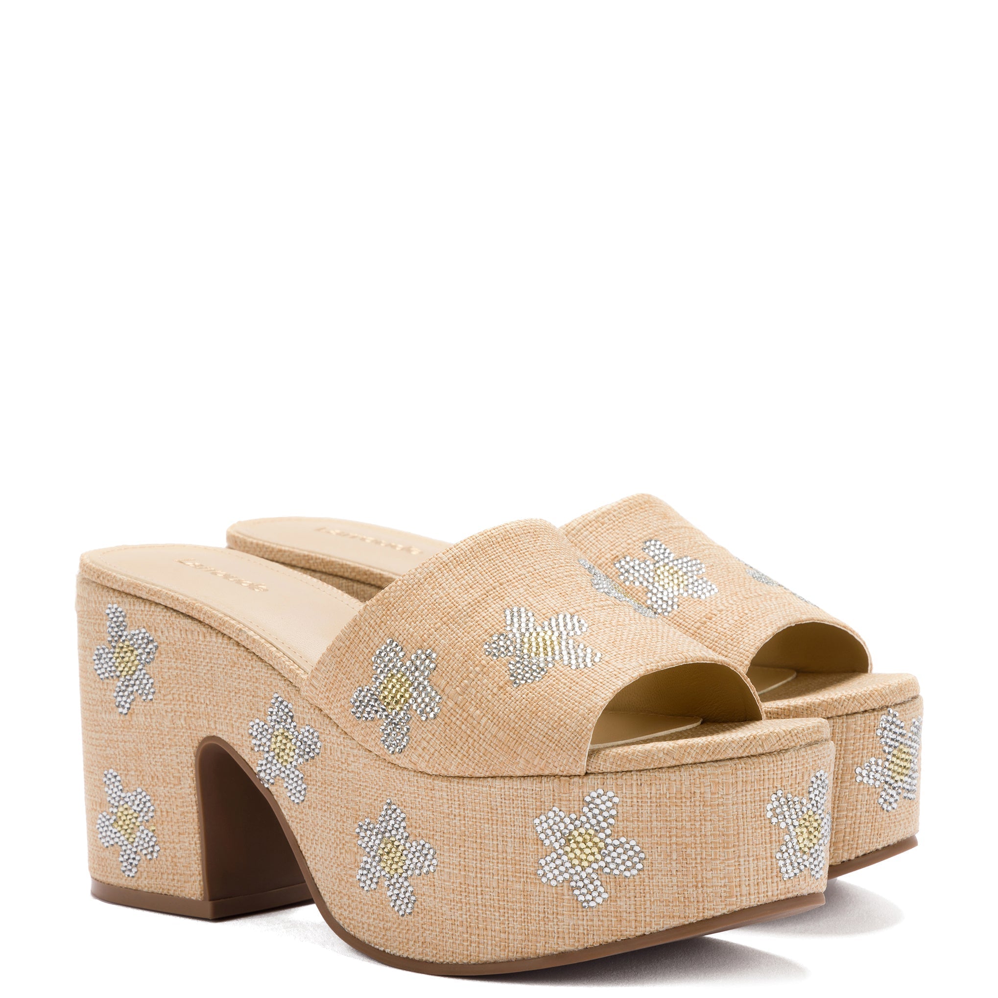Larroude Miso Platform Sandal In Beige Raffia And Floral Crystals