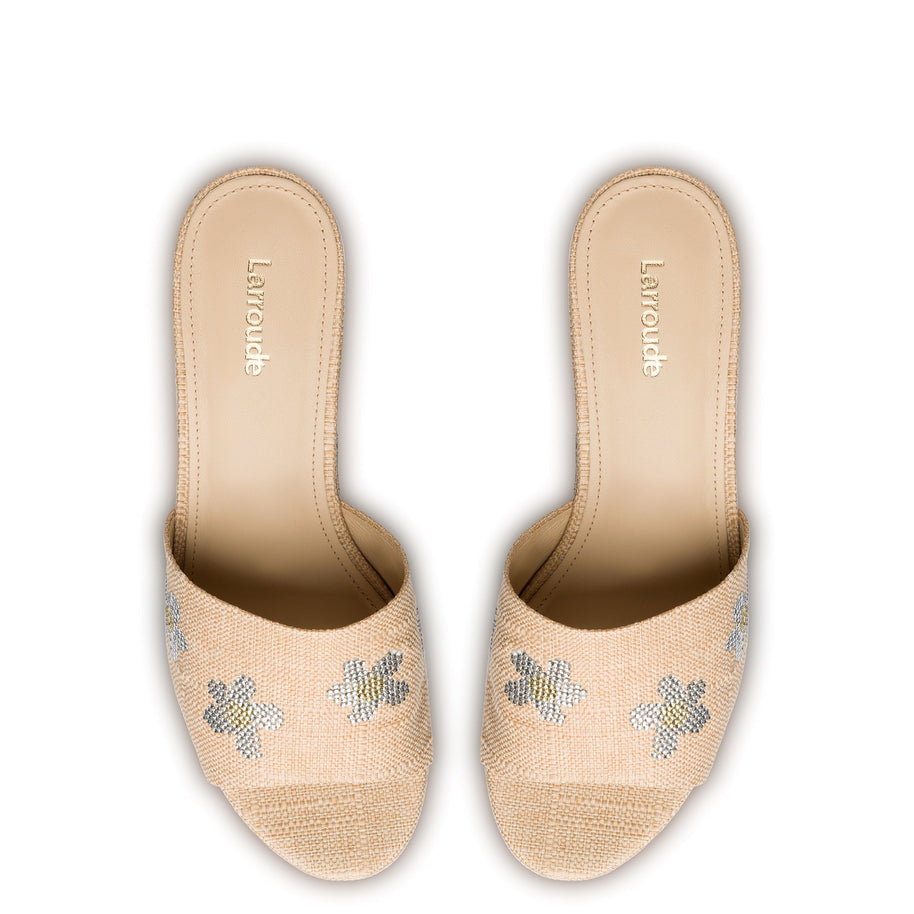 Larroude Miso Platform Sandal In Beige Raffia And Floral Crystals