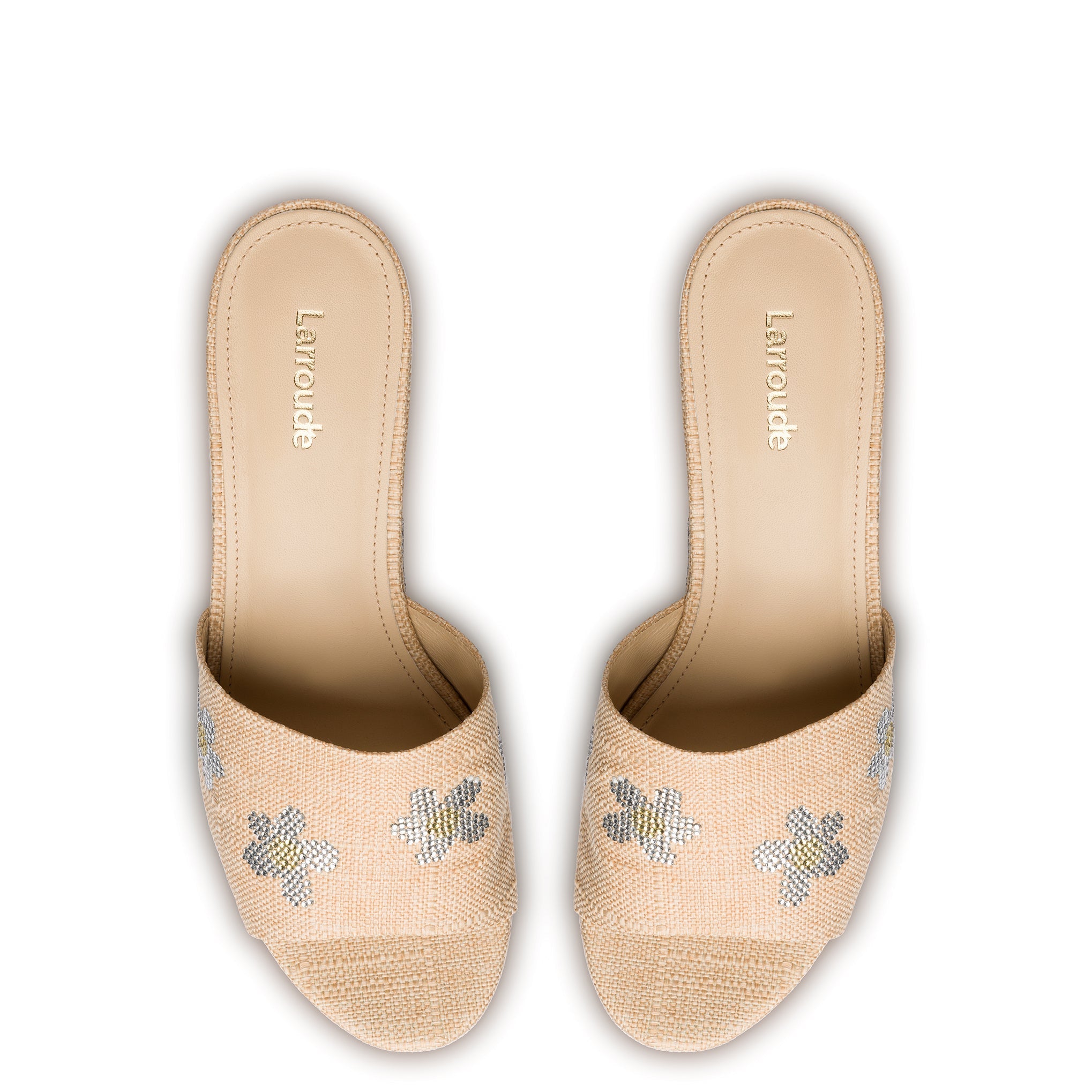 Larroude Miso Platform Sandal In Beige Raffia And Floral Crystals