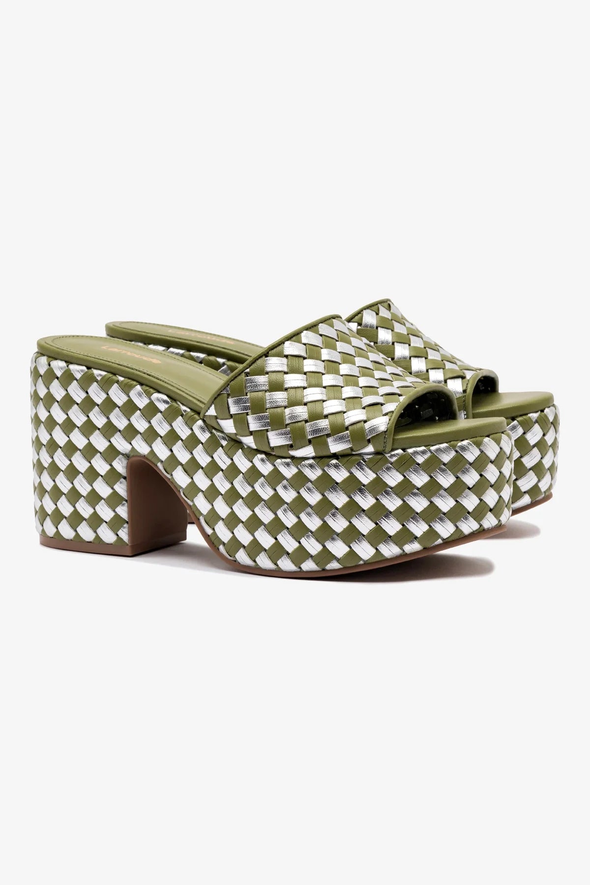 Larroude Miso Platform Sandal In Seaweed Leather And Silver Metallic Leather