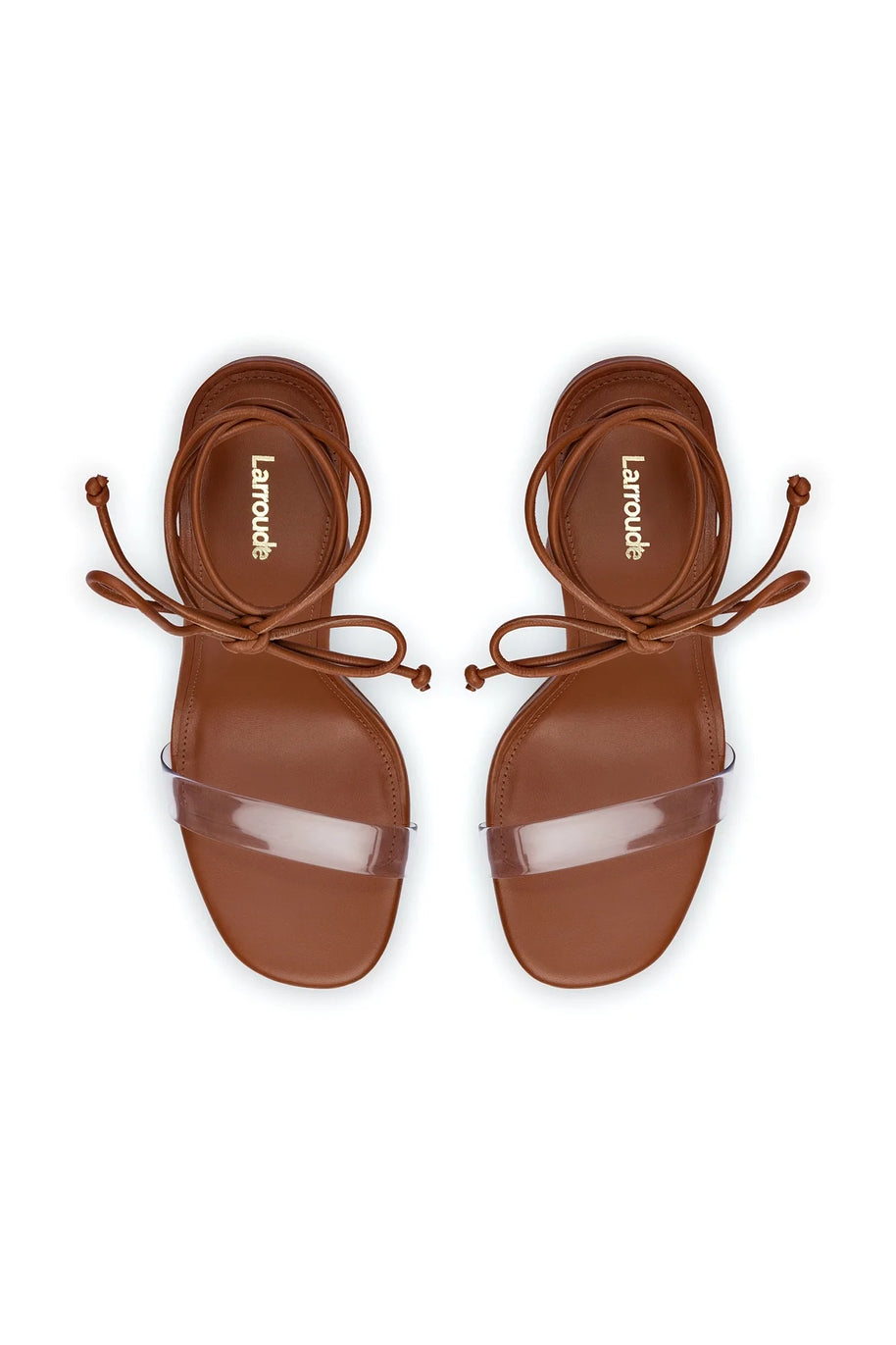 Larroude Gloria Sandal In Caramel Leather And Vinyl