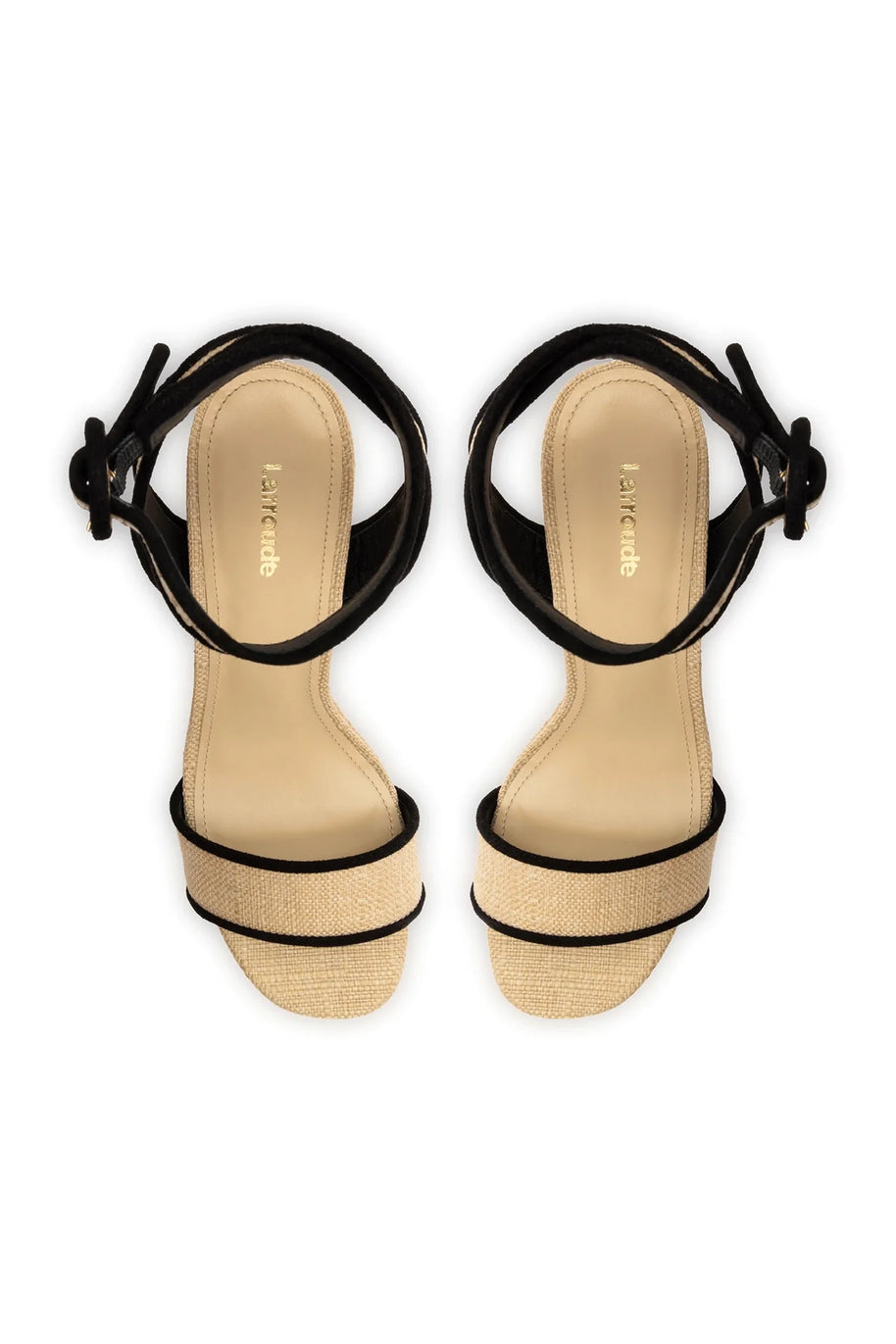 Larroude Dolly Sandal In Beige Raffia and Black Trimming