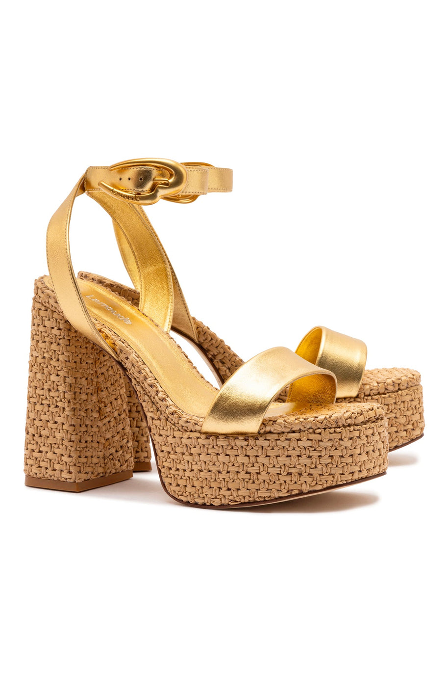 Larroude Dolly Verona Sandal In Gold Metallic Leather and Natural Raffia