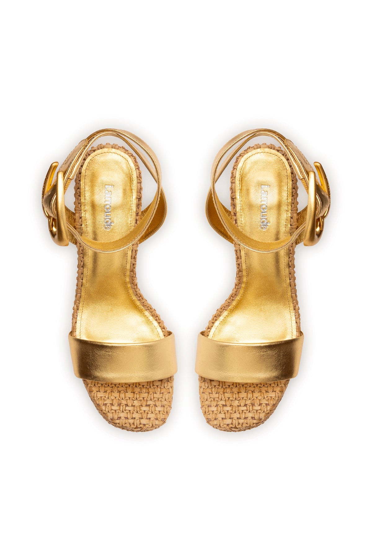 Larroude Dolly Verona Sandal In Gold Metallic Leather and Natural Raffia