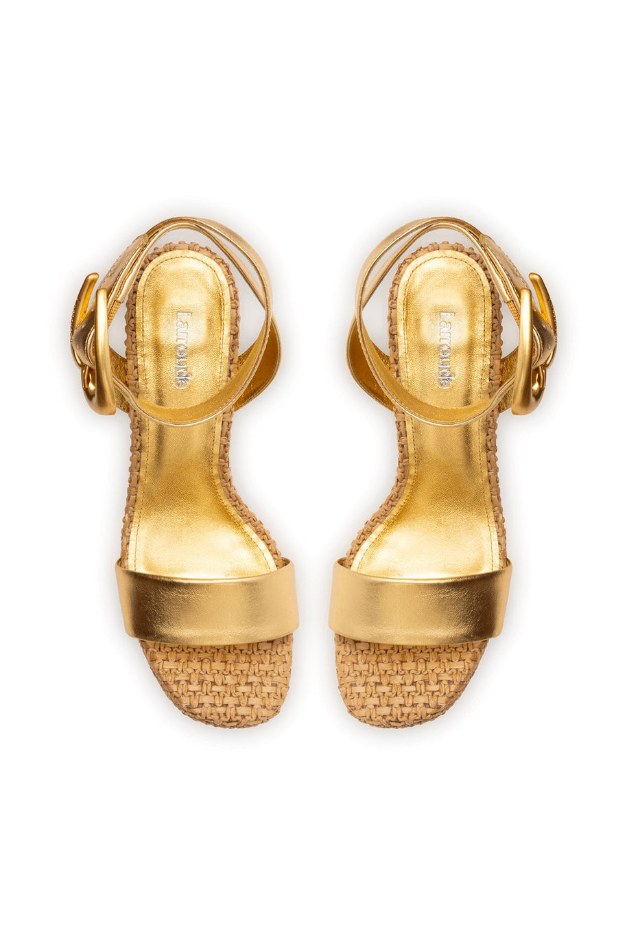 Larroude Dolly Verona Sandal In Gold Metallic Leather and Natural Raffia