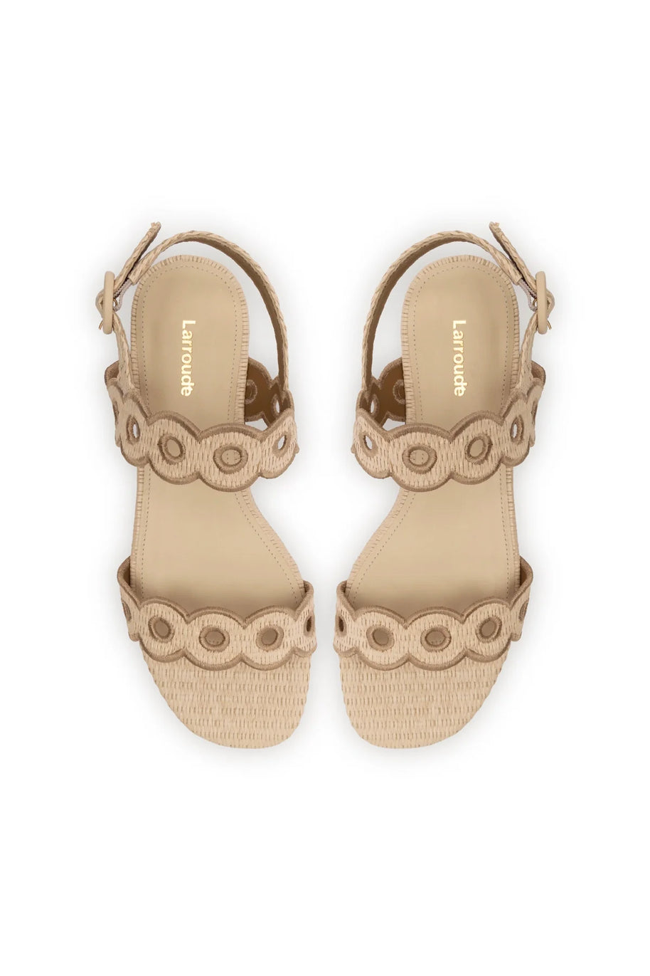 Larroude Florence Broderie Flat Sandal In Natural Raffia And Hazelnut Trimming