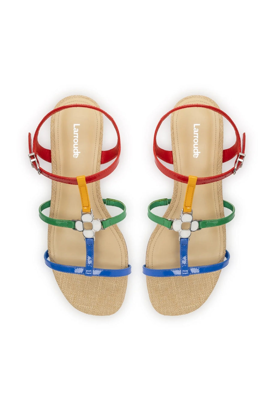 Larroude Hana Flat Sandal In Multicolor Patent Leather and Raffia