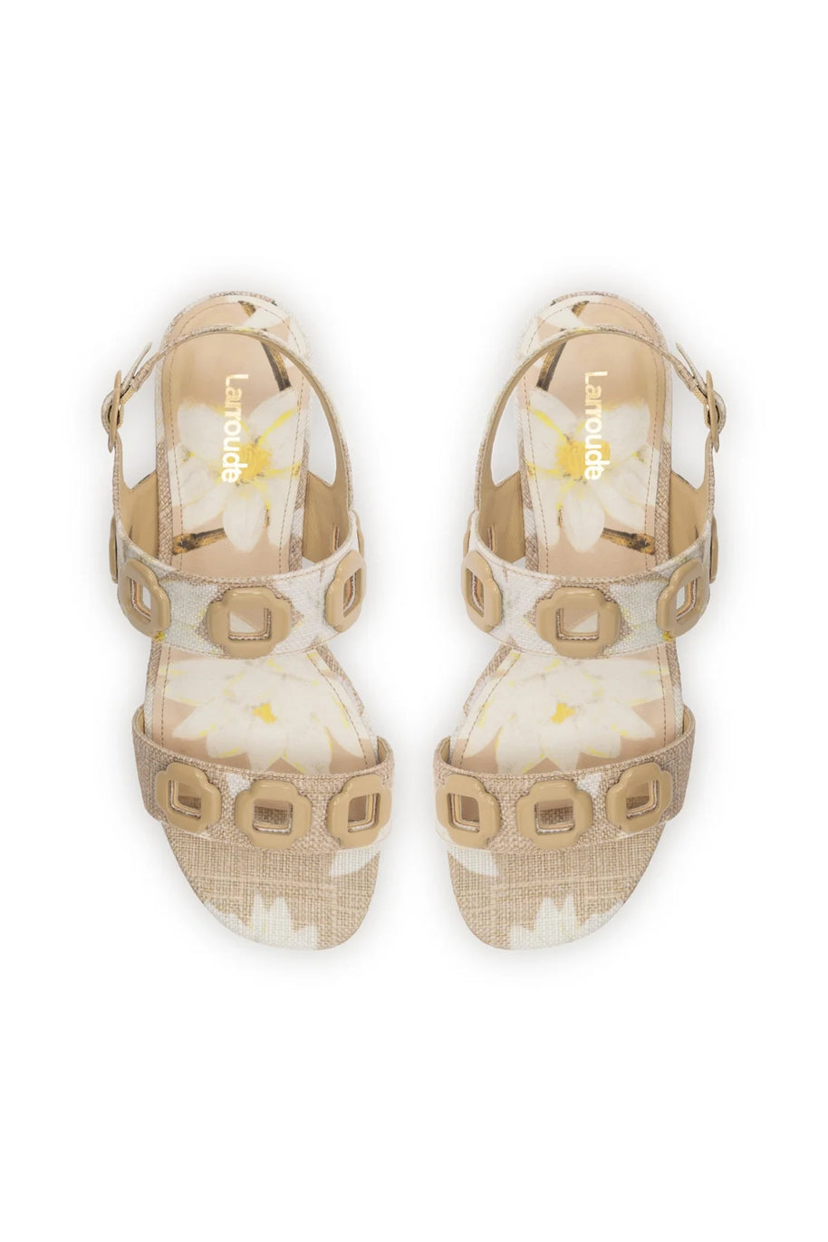 Larroude Milan Flat Sandal In Beige Printed Raffia