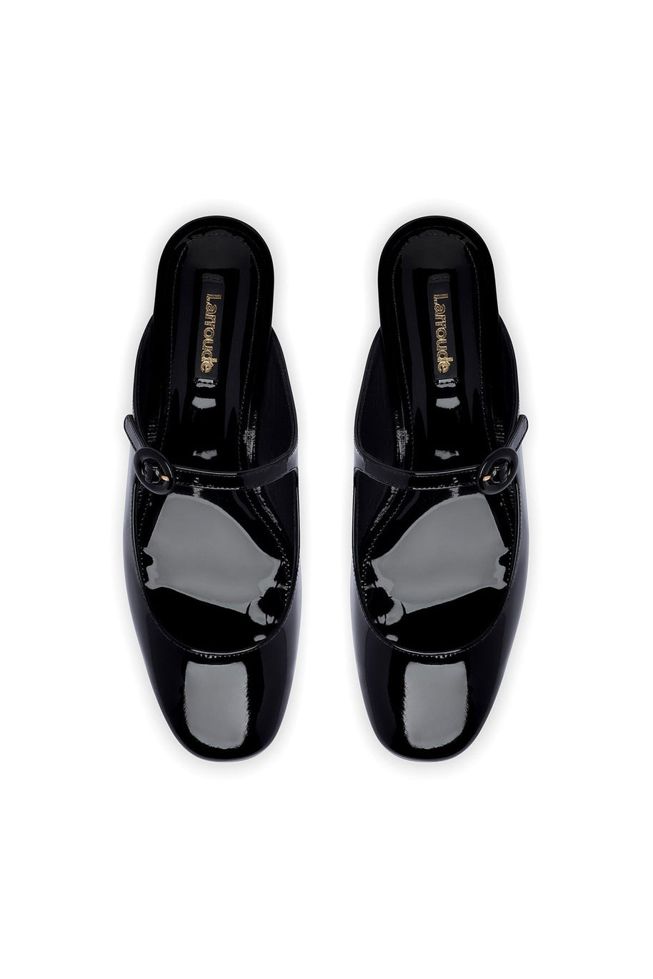 Larroude Blair Flat Mule In Black Patent Leather