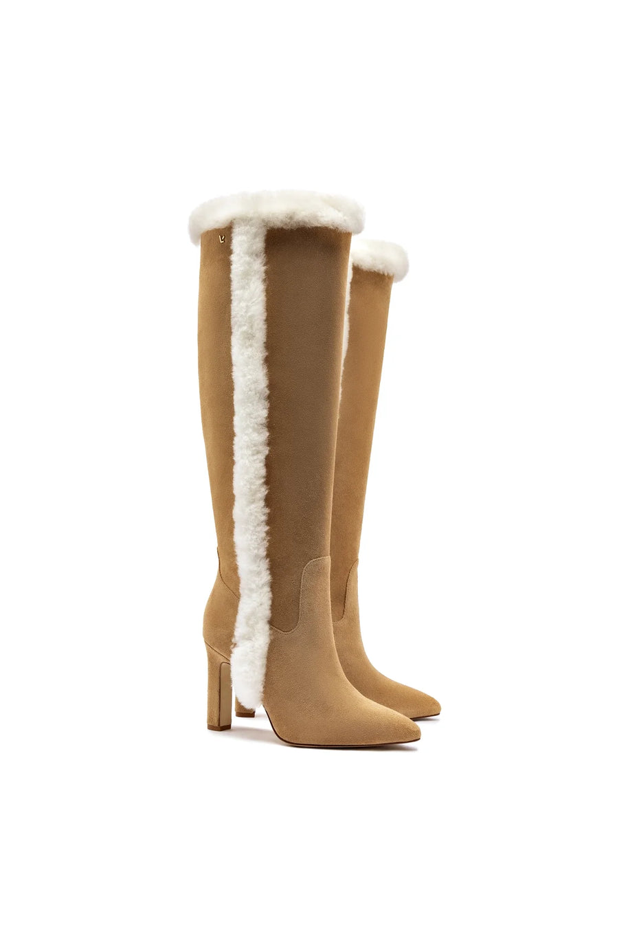 Larroude Cindy Hi Faux Fur Boot In Peanut Suede and Natural Shearling