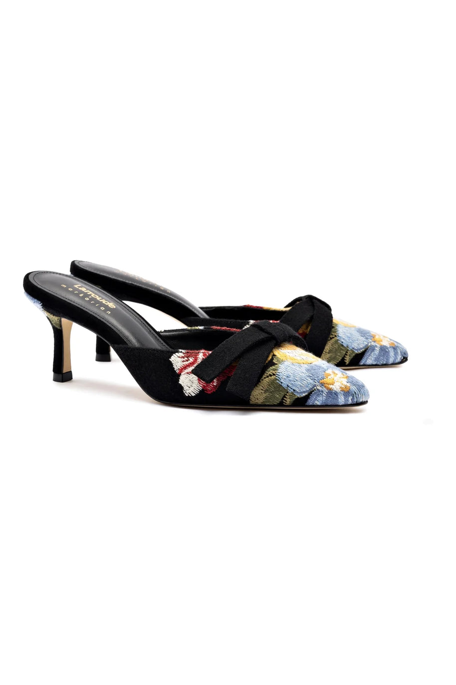 Larroudé x Markarian Mule In Black Wool and Floral Embroidery