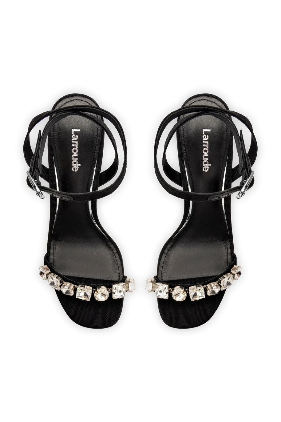 Larroude Calypso Sandal In Black Fabric and Crystals