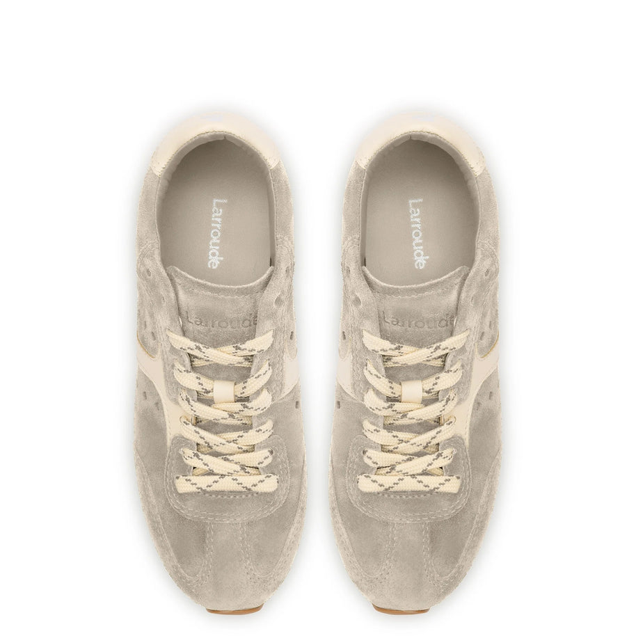 Larroude Stella Sneaker In Mushroom Grey Suede and Ivory Leather