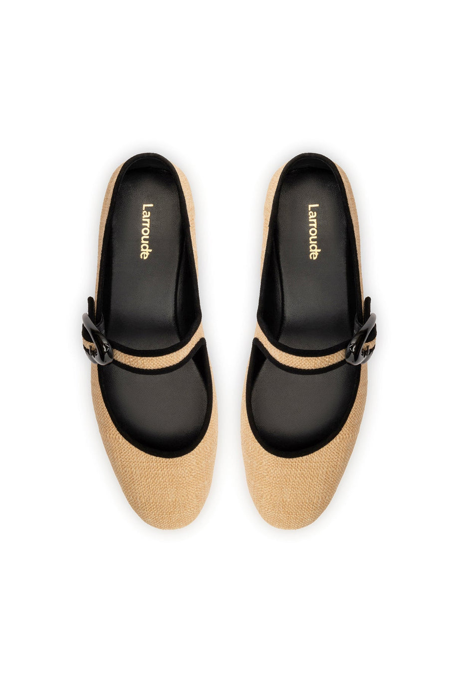 Larroude Verona Ballet Flat In Beige Raffia and Black Trimming