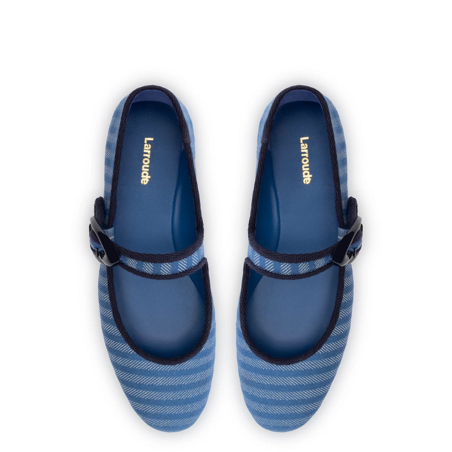 Larroude Verona Ballet Flat In Egyptian Blue Striped Fabric and Navy Trimming