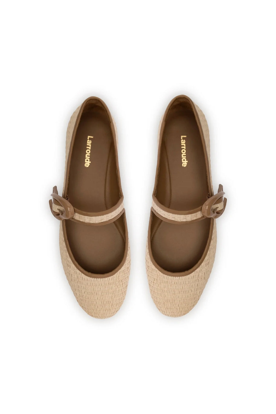 Larroude Verona Ballet Flat In Natural Raffia And Hazelnut Trimming