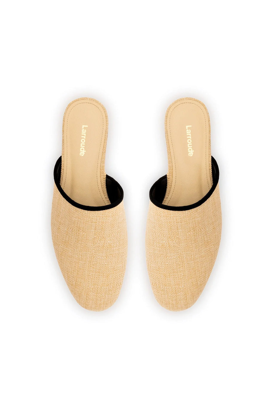 Larroude Venice Flat Mule In Beige Raffia and Black Trimming