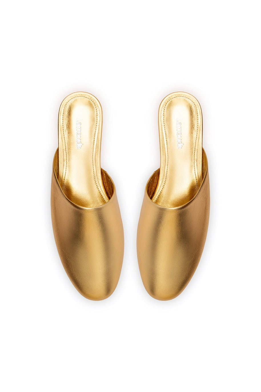 Larroude Venice Flat Mule and Pouch Kit In Gold Metallic Leather