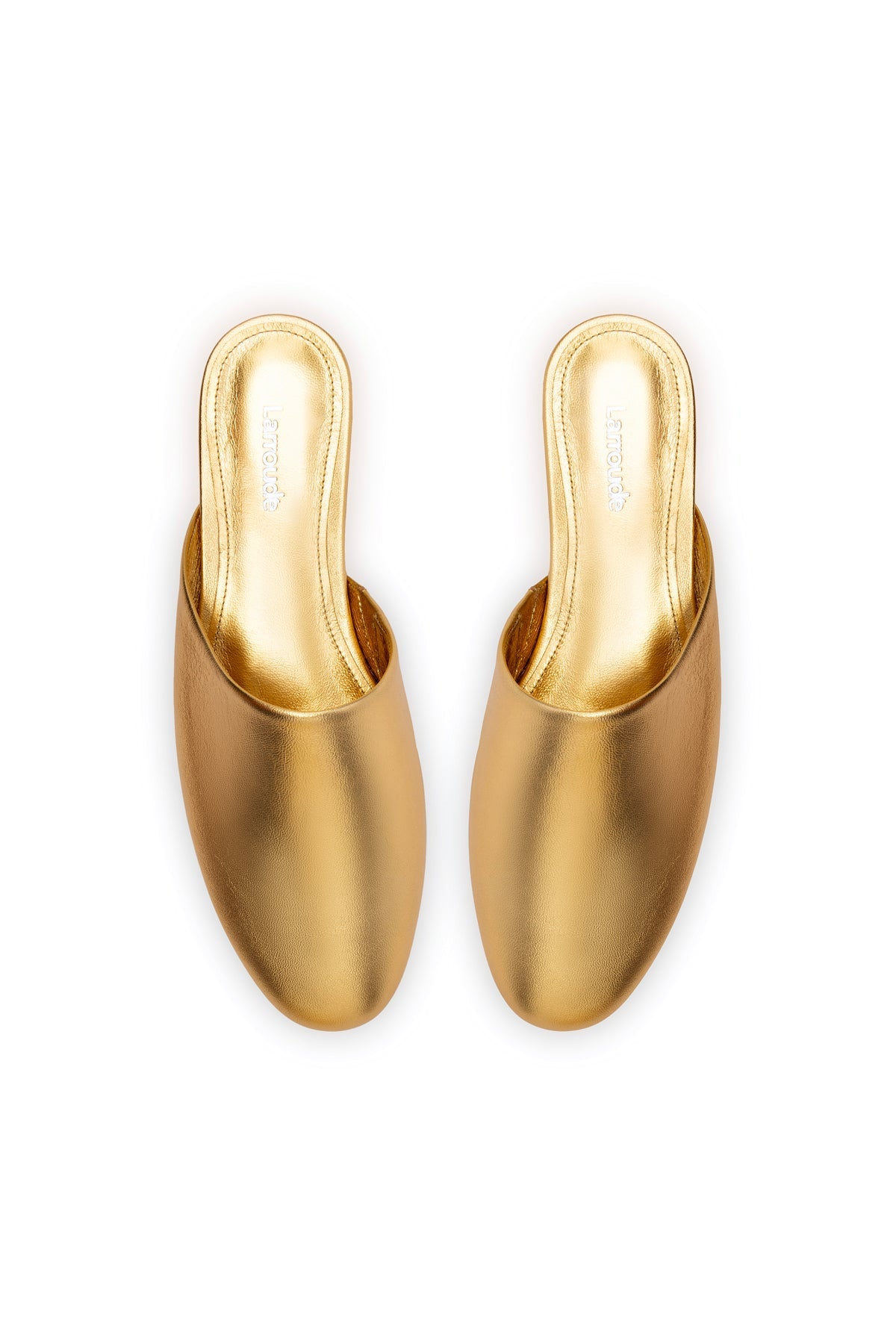 Larroude Venice Flat Mule and Pouch Kit In Gold Metallic Leather