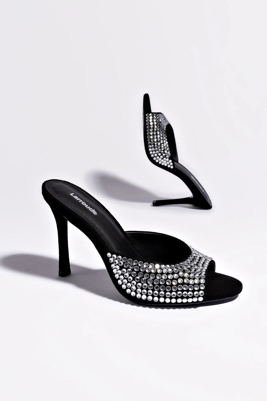 Larroude Jasmine Hi Mule In Black Suede And Crystals