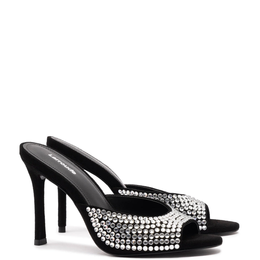 Larroude Jasmine Hi Mule In Black Suede And Crystals