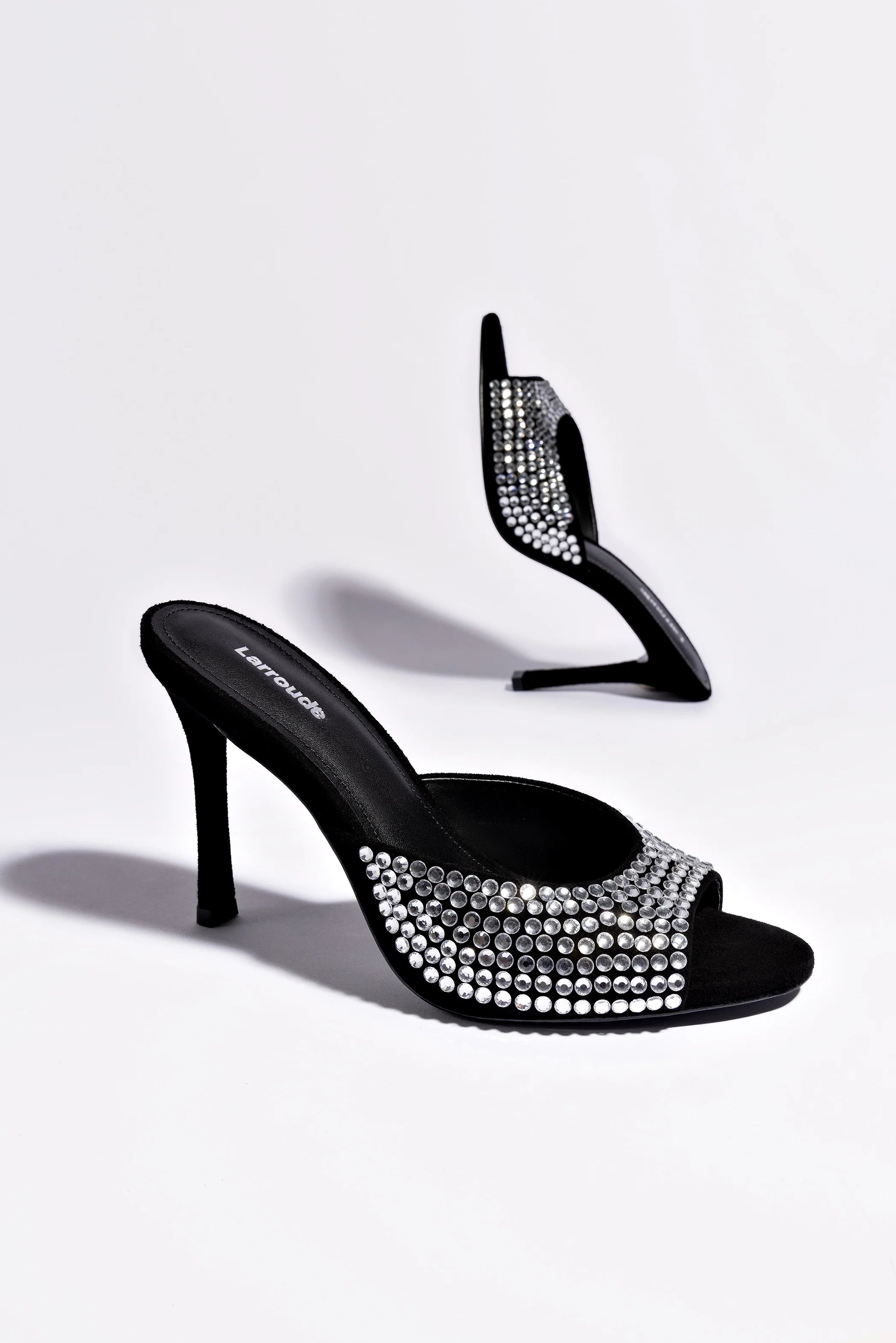 Larroude Jasmine Hi Mule In Black Suede And Crystals