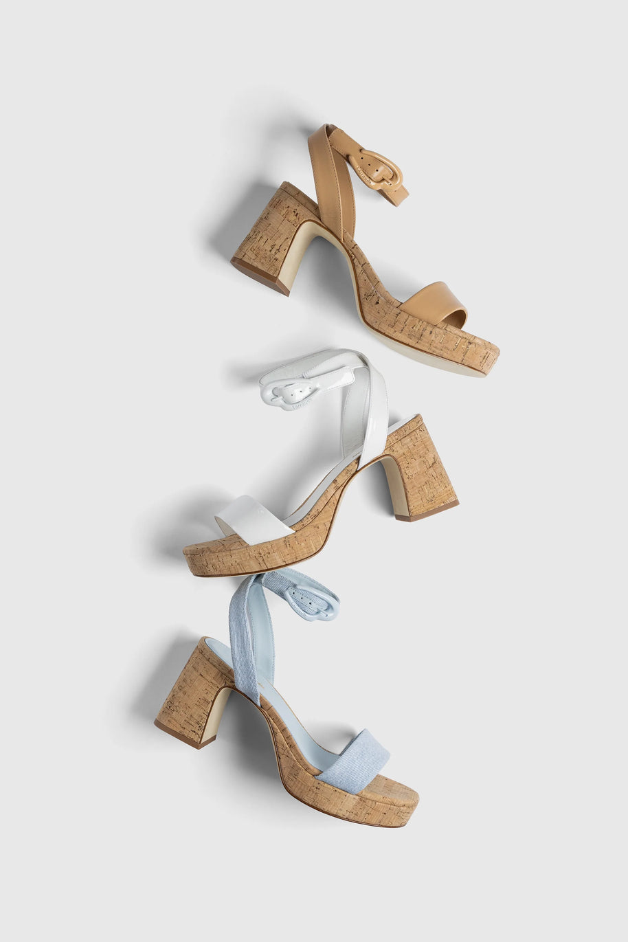 Larroude Dolly Verona Low Sandal In Maya Denim And Natural Cork