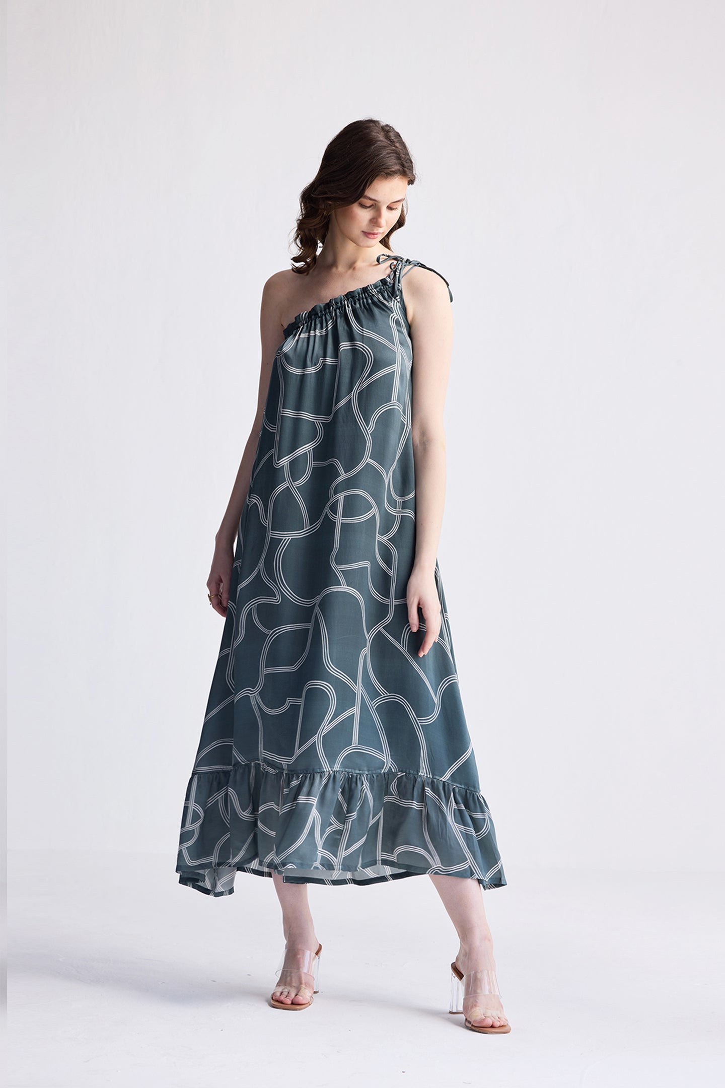 Reistor One Shoulder Maxi Dress in Abstract Stripes