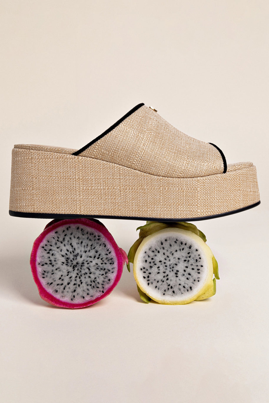 Larroude Charli Mule In Beige Raffia and Black Trimming