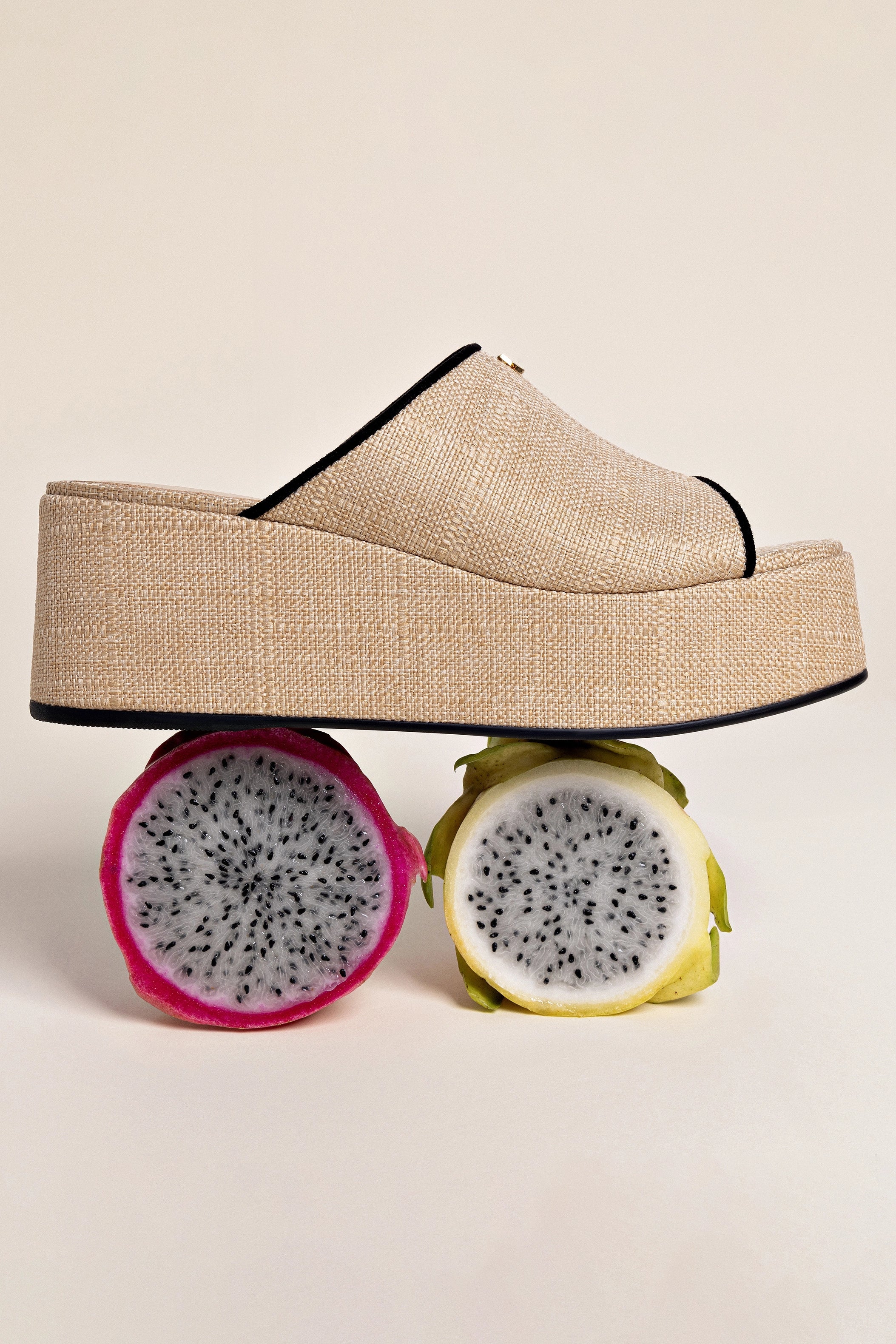 Larroude Charli Mule In Beige Raffia and Black Trimming