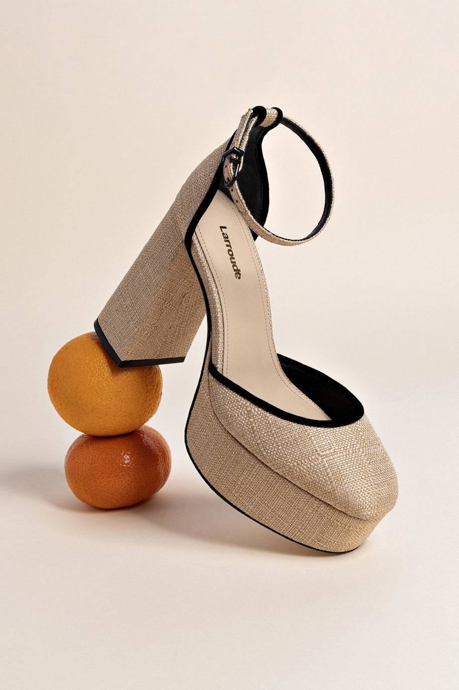 Larroude Ari Pump In Beige Raffia and Black Trimming