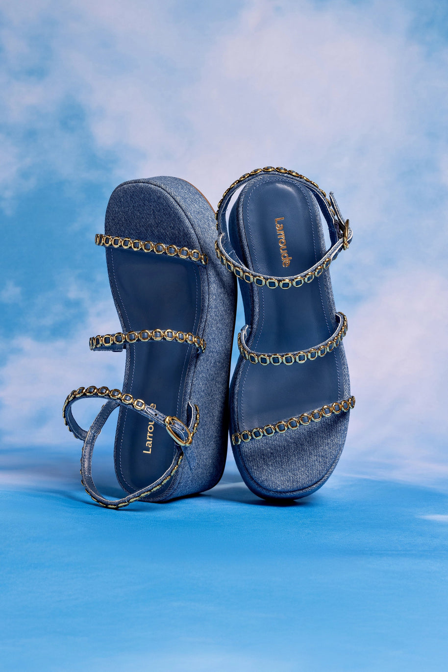 Larroude Gio Milanina Flatform Sandal In Blue Stoned Raffia