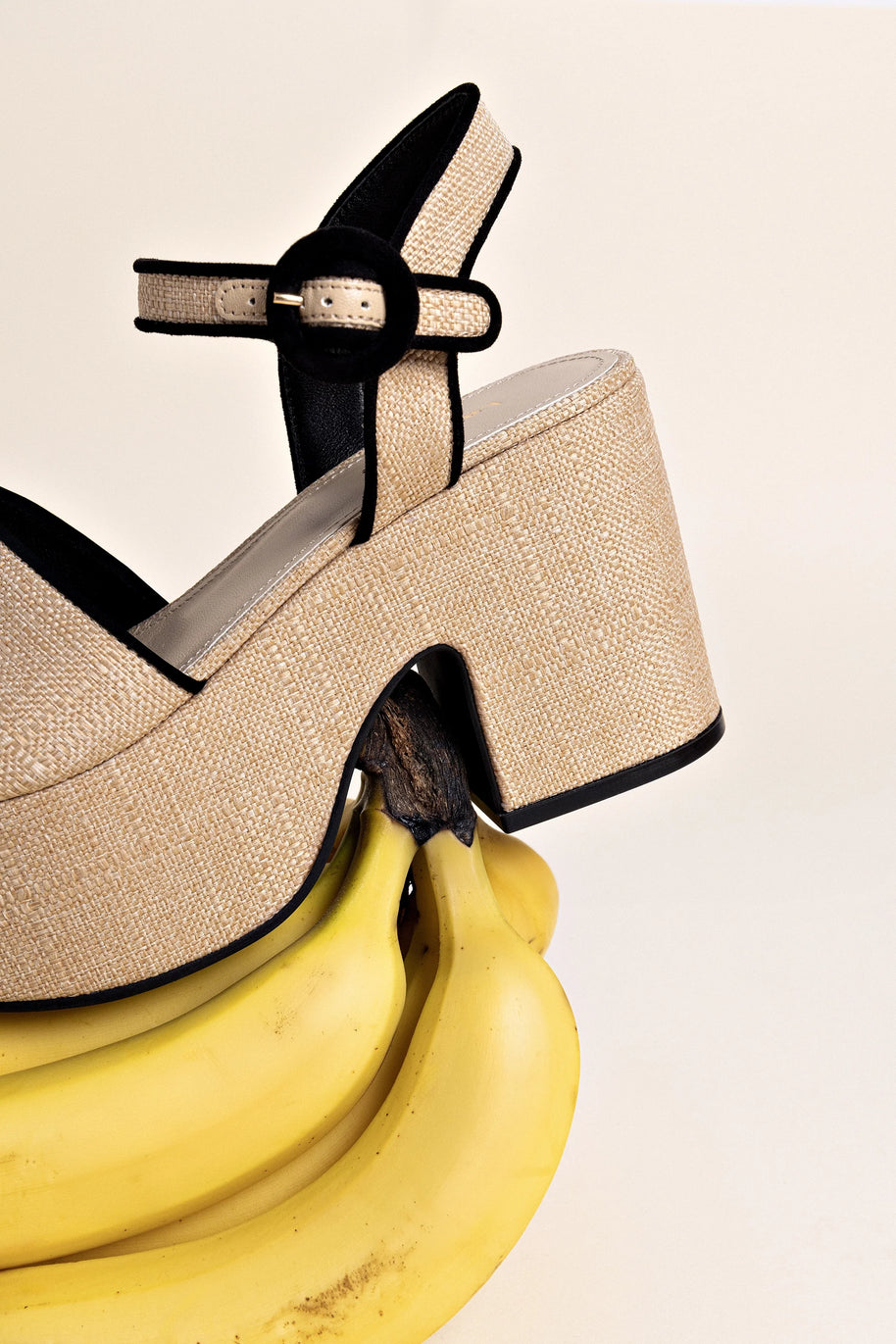 Larroude Miso Sandal In Beige Raffia and Black Trimming