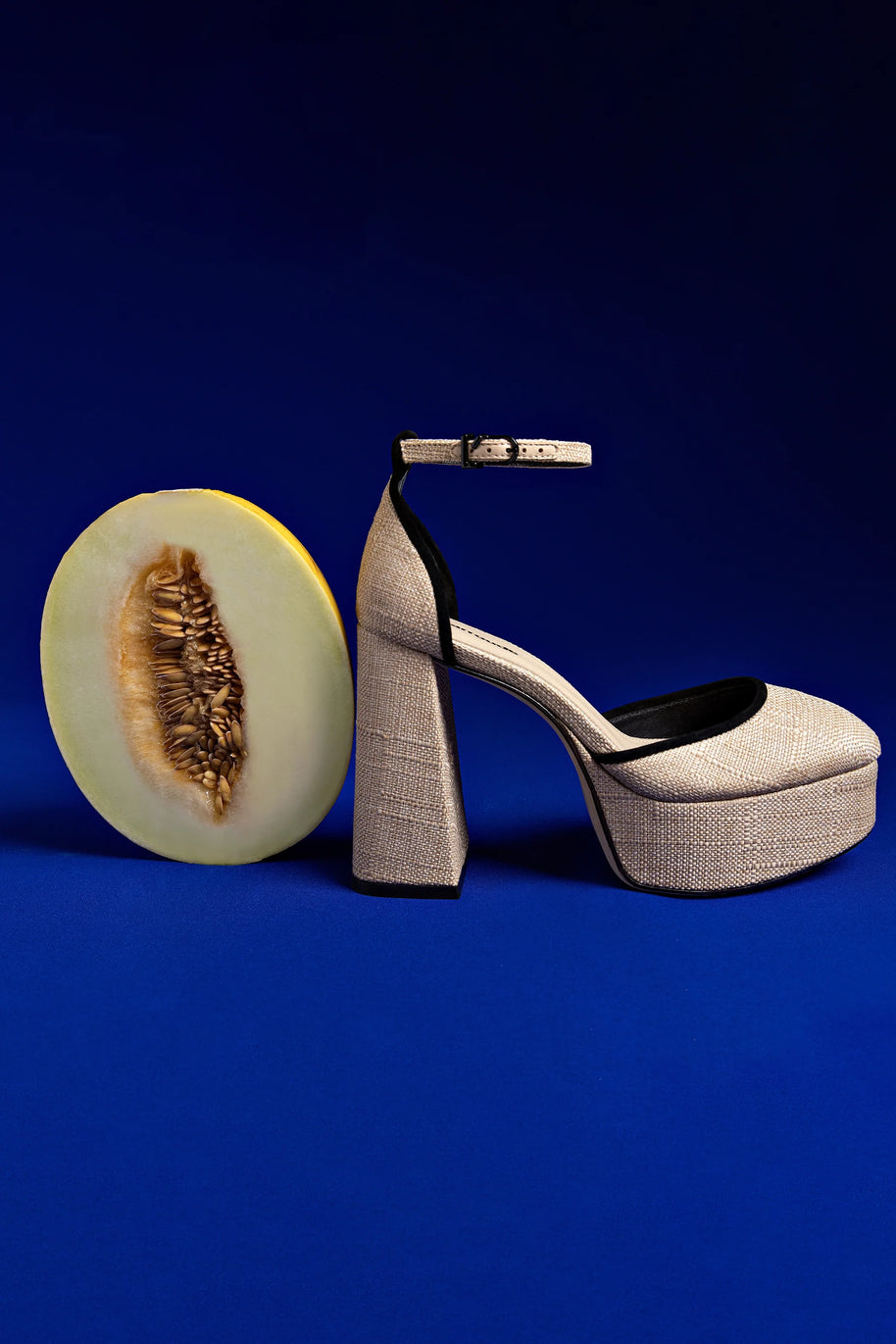 Larroude Ari Pump In Beige Raffia and Black Trimming