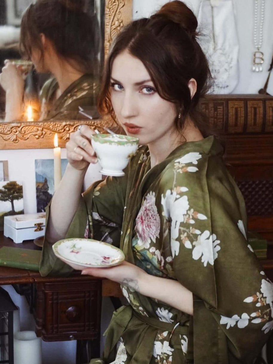 Ulivary Floral Olive Kimono Robe