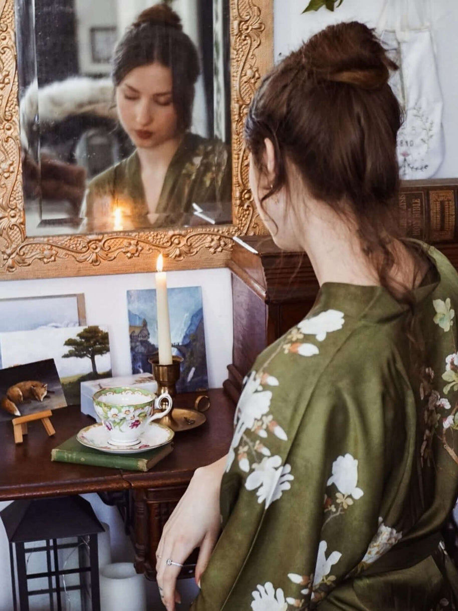 Ulivary Floral Olive Kimono Robe