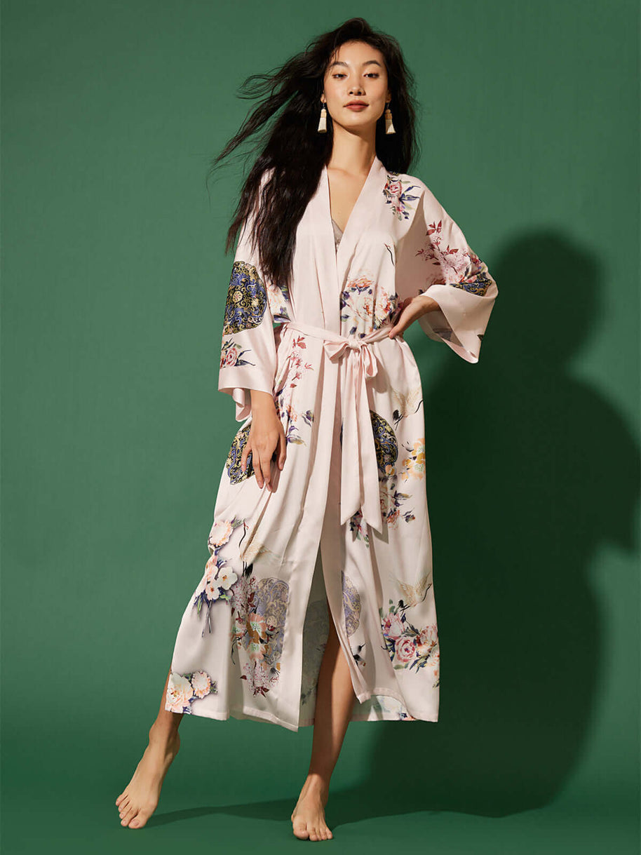 Ulivary Garden Crane Blush Kimono Robe